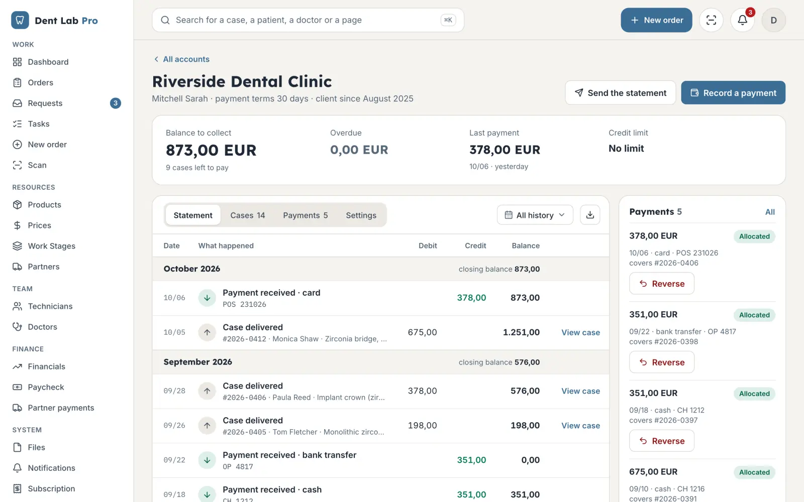 The dentist's statement, with payments matched to cases.