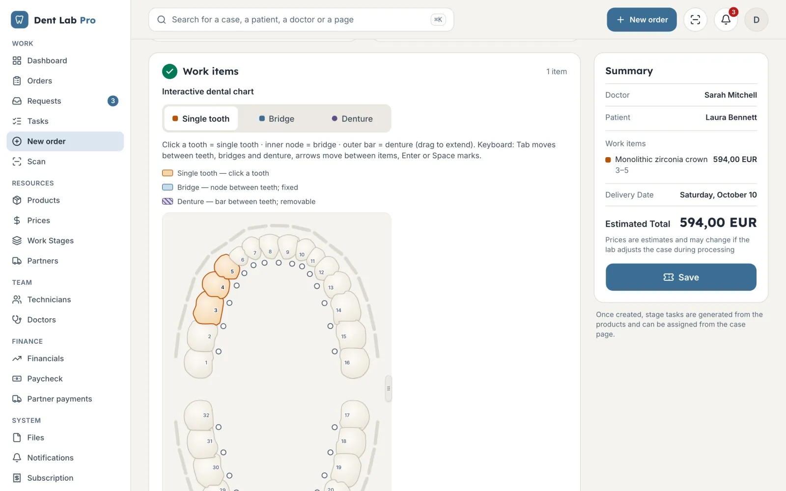 A new order: the tooth chart and the price estimate from the dentist's price list.