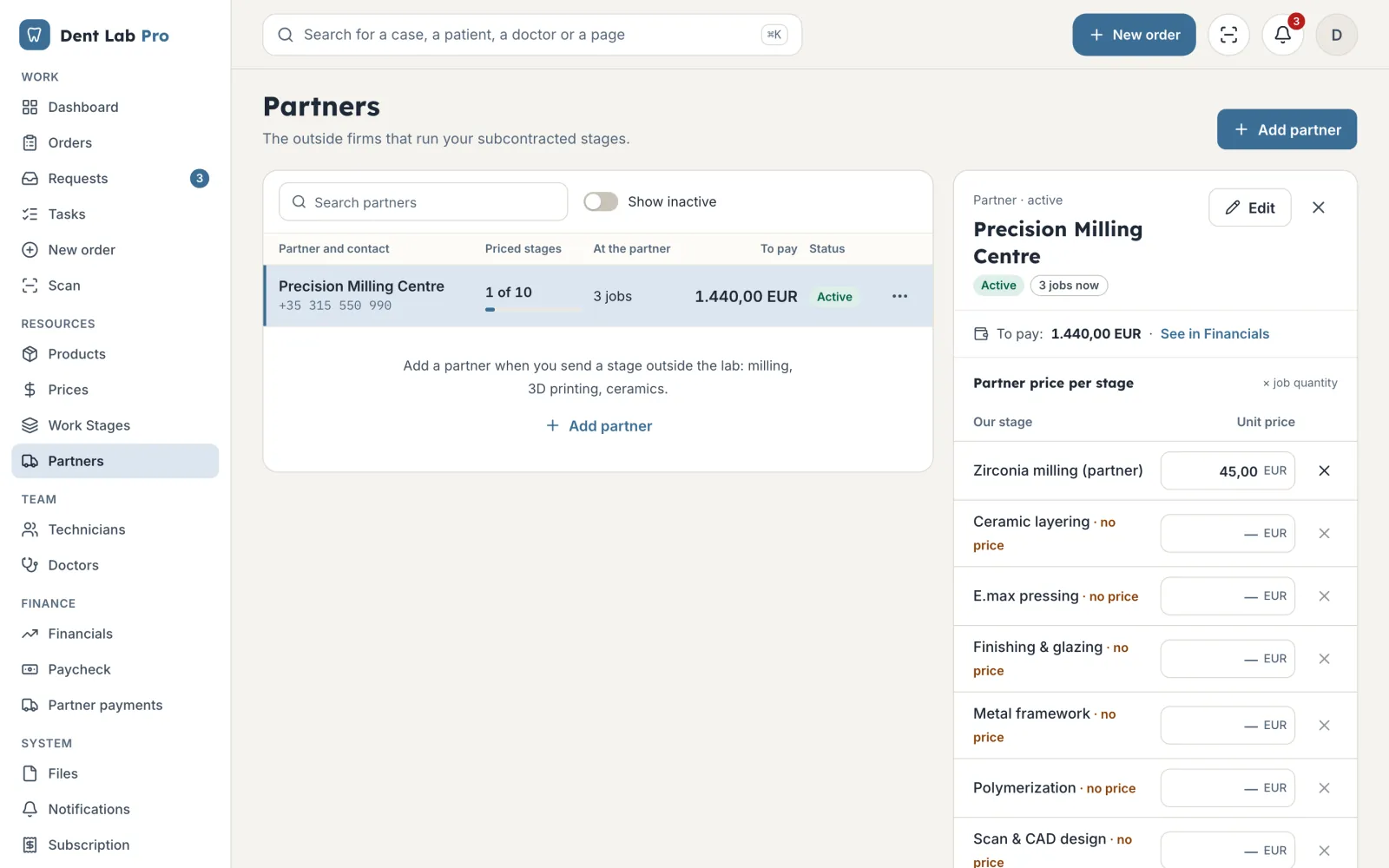 Stages sent to partners, with their prices.