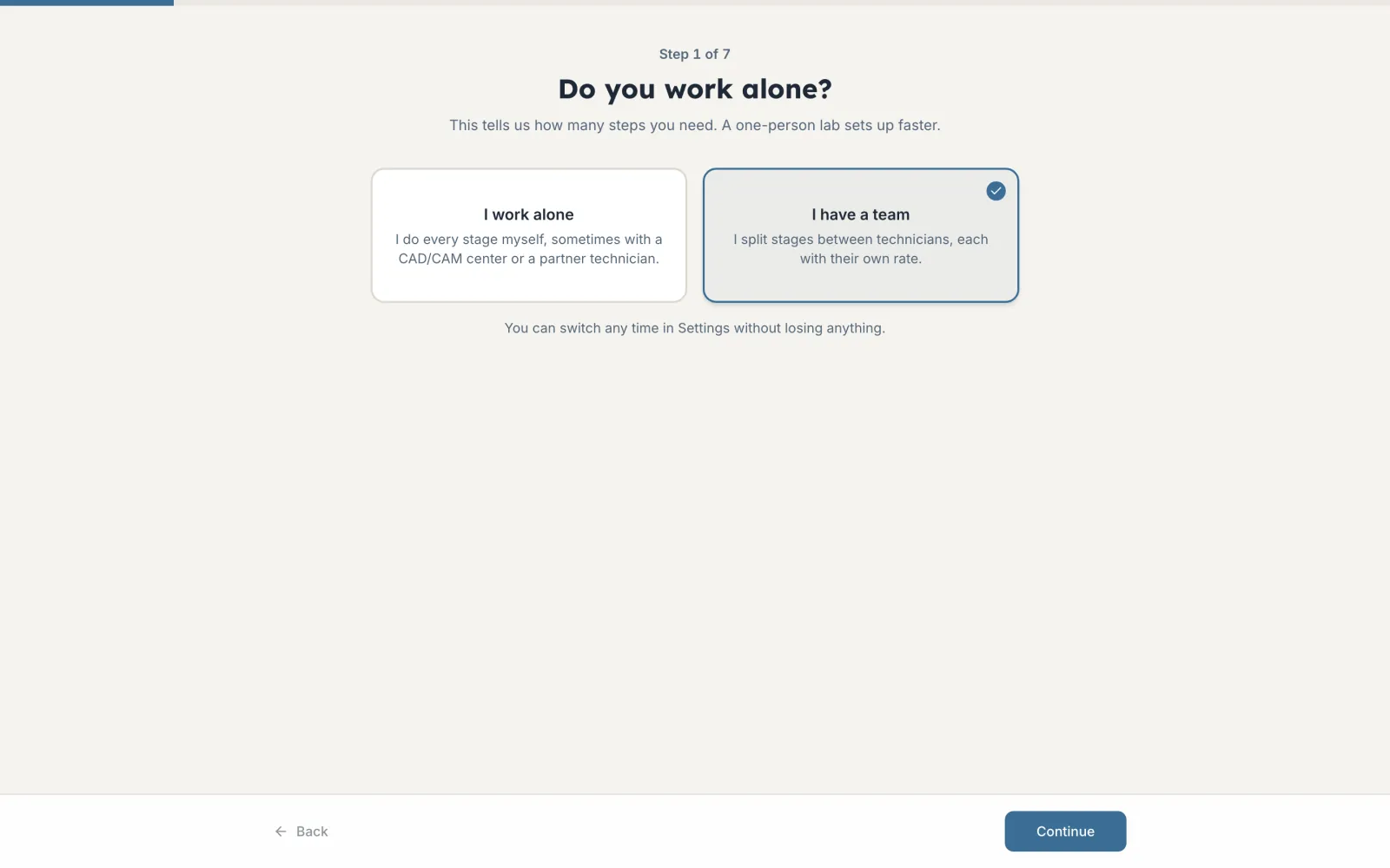 The setup assistant, first step: working alone or with a team