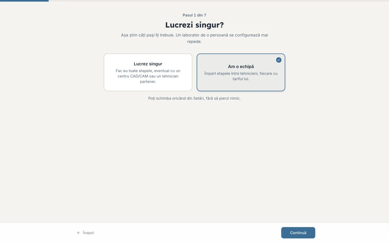 Asistentul de configurare, primul pas: lucrezi singur sau cu o echipă