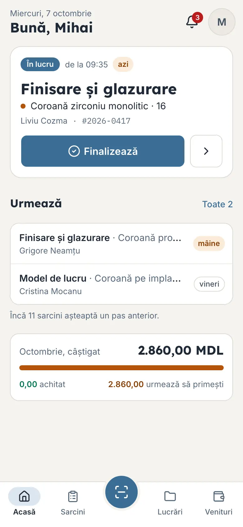 Telefonul tehnicianului: sarcina în lucru și butonul Finalizează